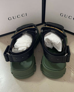 NIB $ 1100 Gucci Kinder-Leder-Sandalenschuhe Schwarz/Grün Größe 31/13 US Alter 6