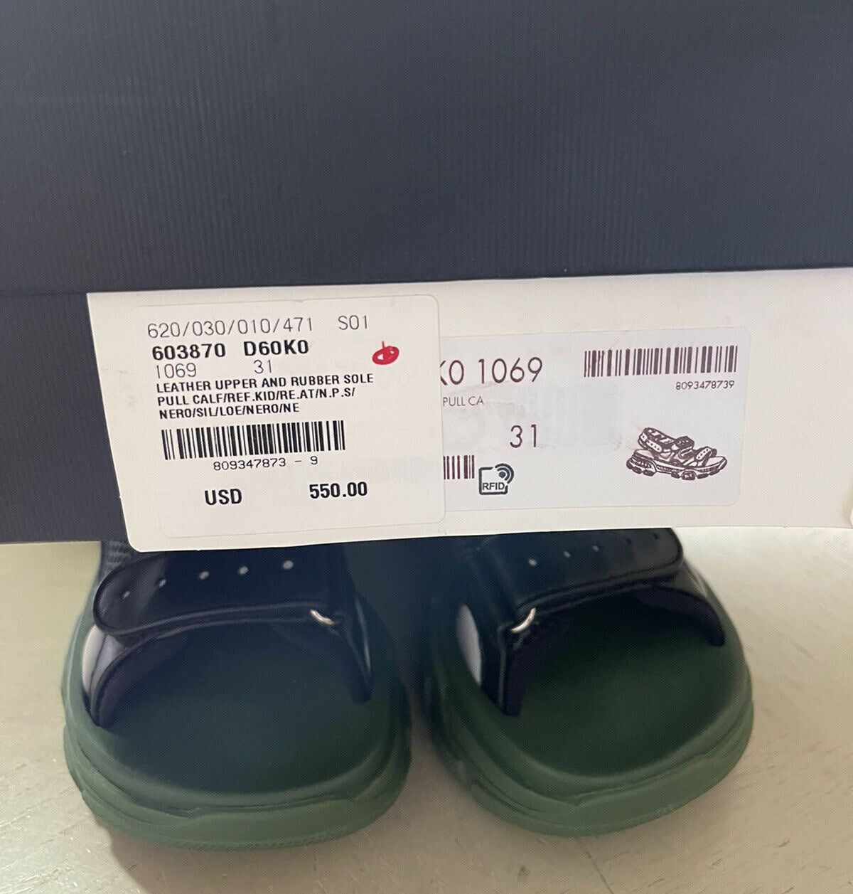 NIB $ 1100 Gucci Kinder-Leder-Sandalenschuhe Schwarz/Grün Größe 31/13 US Alter 6
