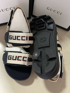 NIB Gucci Kinder-Sandalen aus Segeltuch/Leder, Schwarz/Weiß, Größe 30/12 US, Alter 5,5