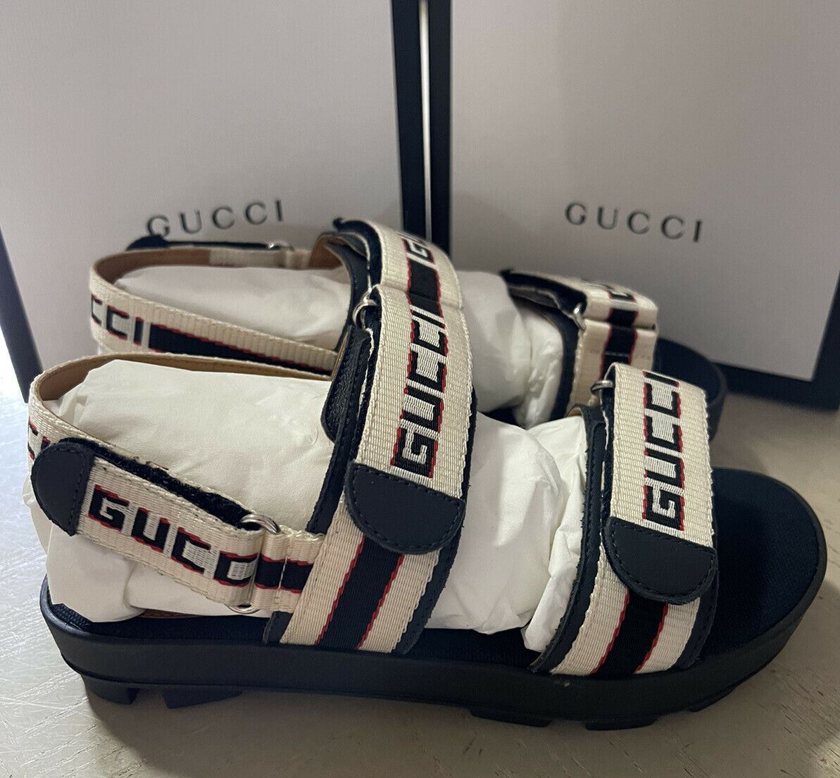 NIB Gucci Детские сандалии из парусины/кожи, черные/белые, размер 31/13, США, возраст 6,5 лет