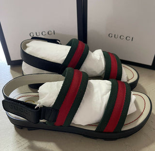 NIB Gucci Kinder-Sandalen aus Segeltuch/Leder, Schwarz/Rot, Größe 31/13US, Alter 6,5