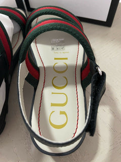 NIB Gucci Kinder-Sandalen aus Segeltuch/Leder, Schwarz/Rot, Größe 32/1L US, Alter 6,5