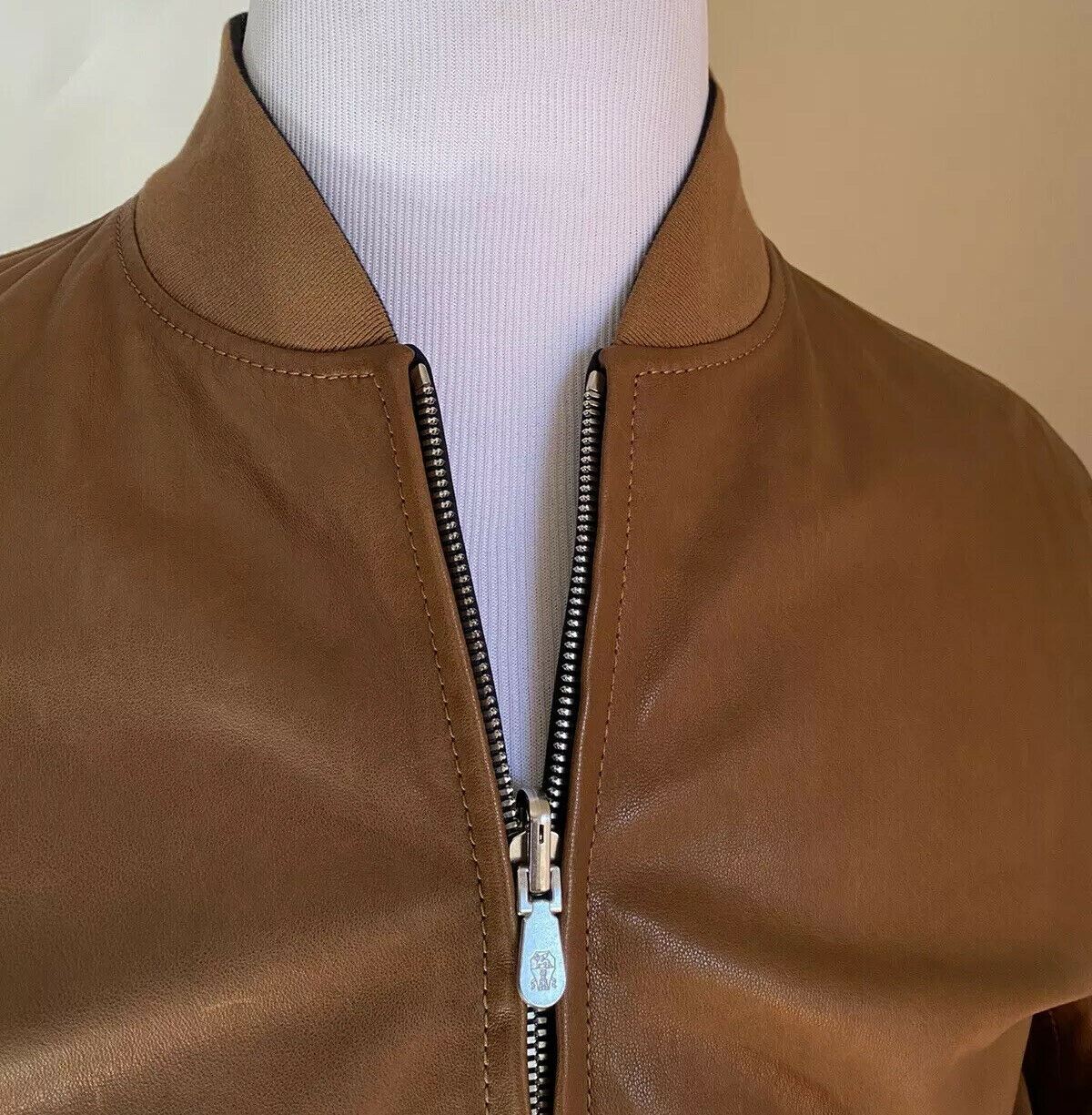 New $5995 Brunello Cucinelli Men Reversible Leather Jacket Coat DK Brown/Navy L