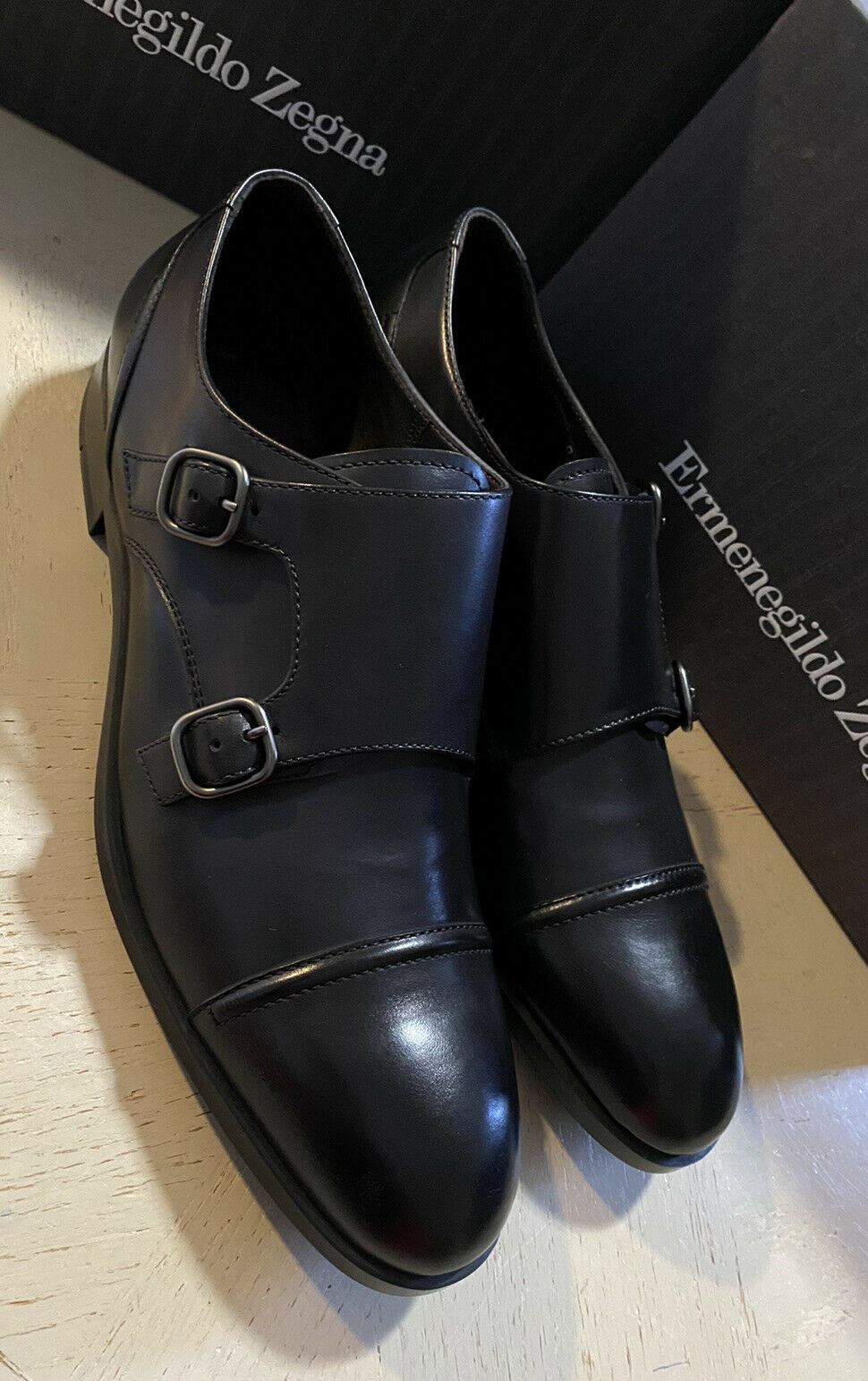 New $650 Ermenegildo Zegna Double Monk Leather Shoes Black 12.5 US Italy