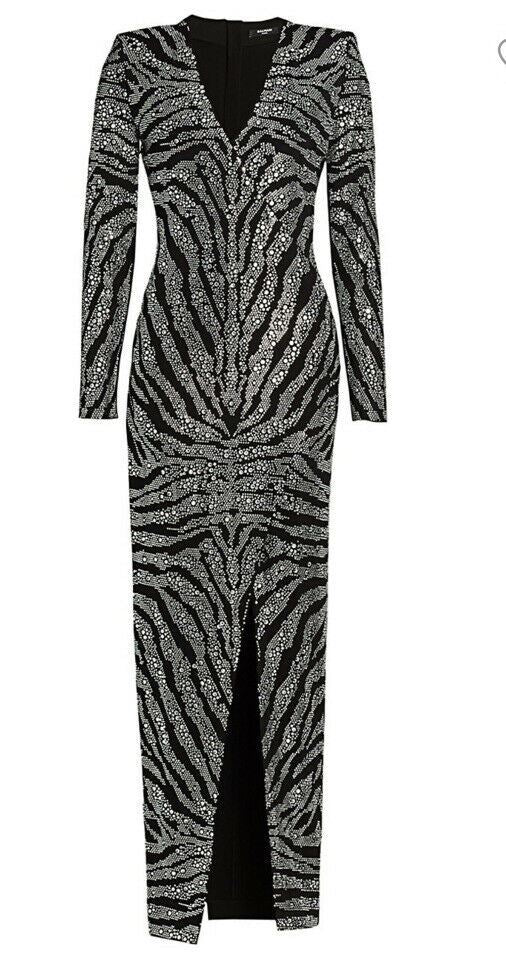 Neu $6550 Balmain Langarm Zebra Cristal Kleid Schwarz 42 (10) Frankreich