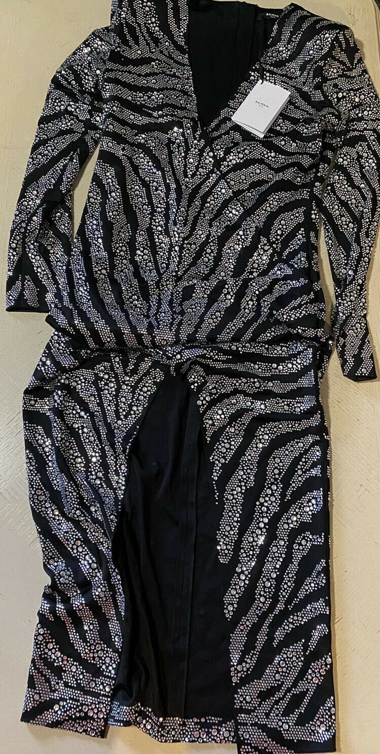 New $6550 Balmain Long Sleeve Zebra Cristal Dress Black 42 ( 10 ) France