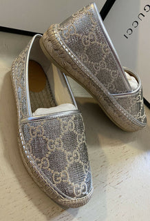 NIB Gucci Damen Canvas GG Monogram Espadrille-Schuhe Silber 5,5 US (35,5 Eu)