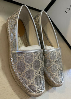 NIB Gucci Damen Canvas GG Monogram Espadrille-Schuhe Silber 5,5 US (35,5 Eu)