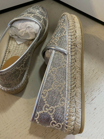 NIB Gucci Женские парусиновые эспадрильи с монограммой GG Серебристый 5,5 США (35,5 ЕС)