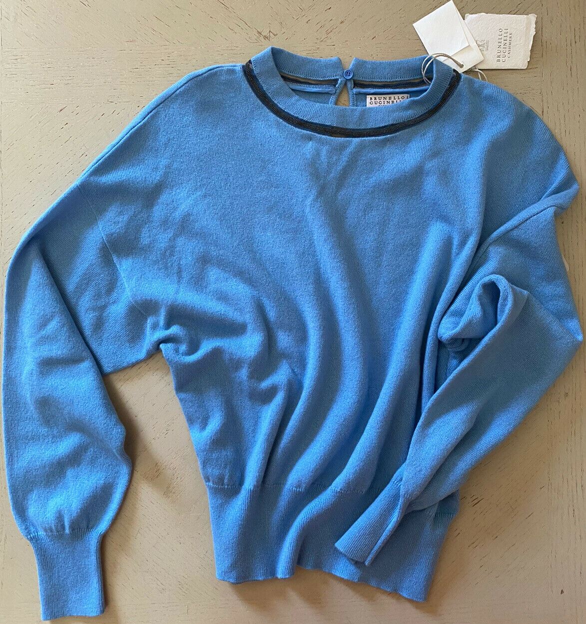 New $1895 Brunello Cucinelli Women Monili-Trim Cashmere Crewneck Sweater Blue XS