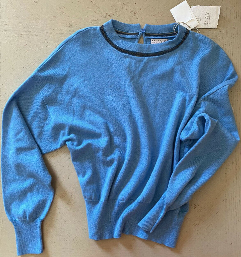Neu $1895 Brunello Cucinelli Damen-Pullover aus Kaschmir mit Monili-Besatz und Rundhalsausschnitt, Blau, XS
