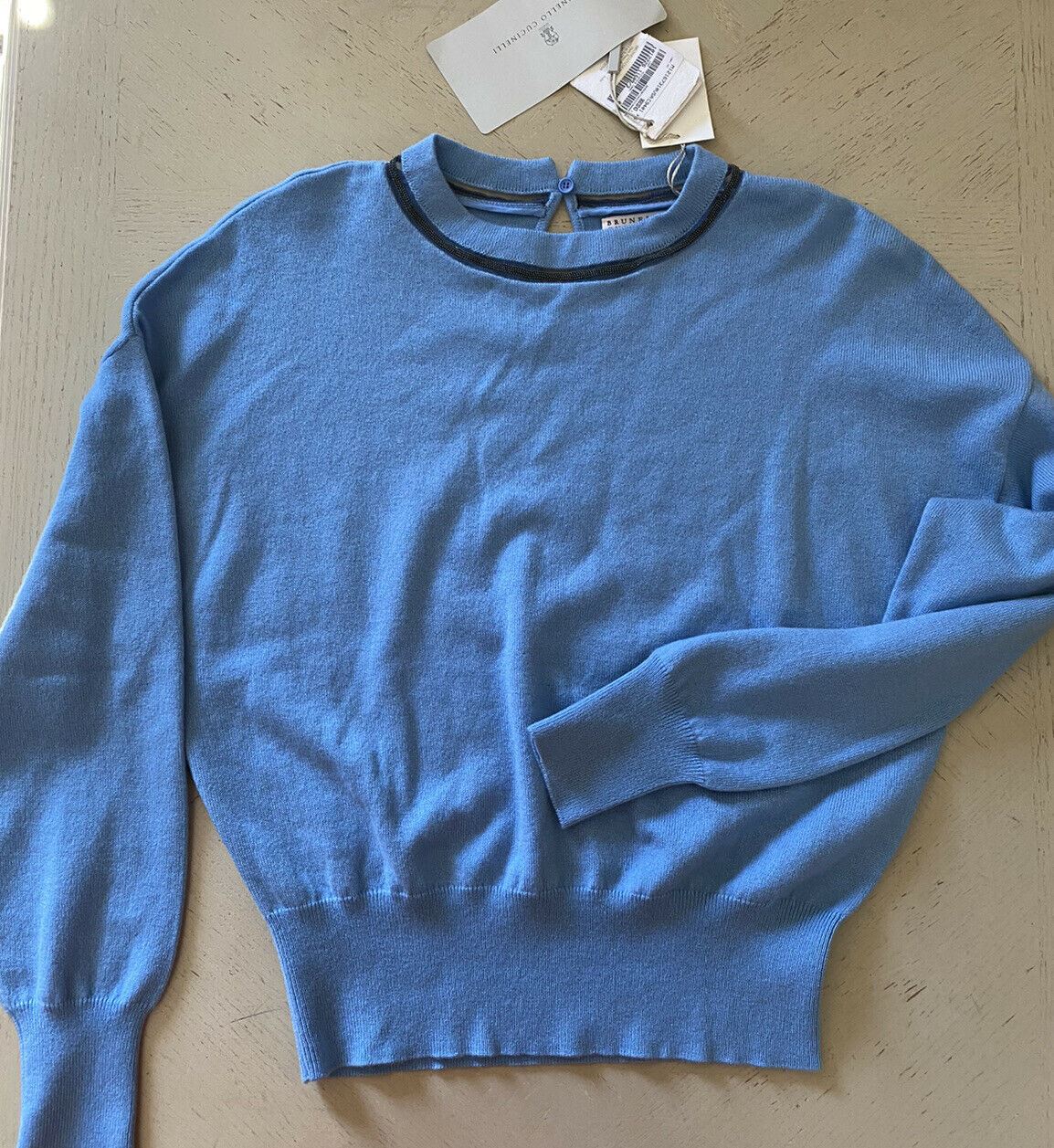 New $1895 Brunello Cucinelli Women Monili-Trim Cashmere Crewneck Sweater Blue XS