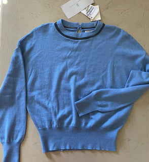 Neu $1895 Brunello Cucinelli Damen-Pullover aus Kaschmir mit Monili-Besatz und Rundhalsausschnitt, Blau, XS
