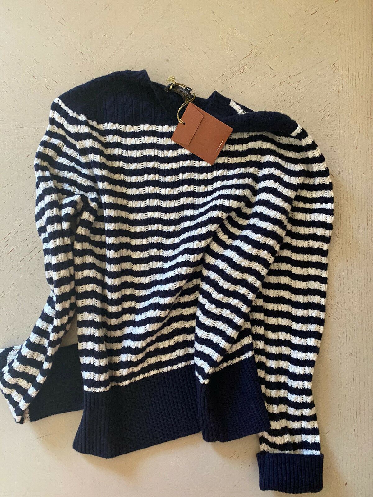 New $1850 Loro Piana Women Vence Striped Baby Cashmere Sweater Blue/White 44/10