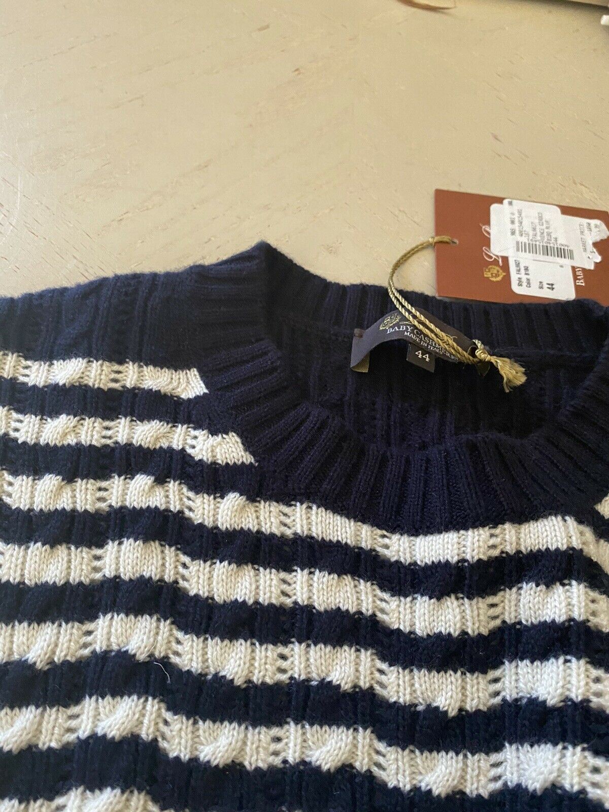 New $1850 Loro Piana Women Vence Striped Baby Cashmere Sweater Blue/White 44/10
