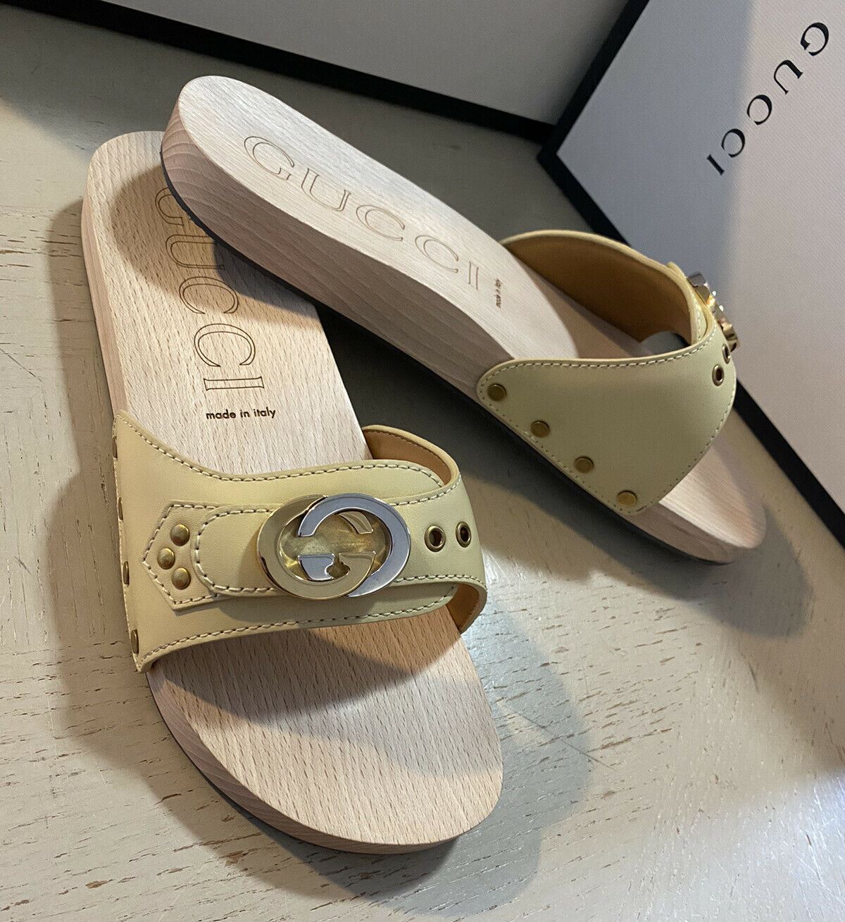 NIB Gucci Mens Leather/Wood Sandal Shoes White/cream 11 US/10 UK