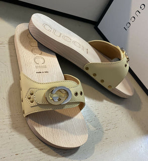 NIB Gucci Herren-Sandalen aus Leder/Holz, Weiß/Creme, 9,5 US/8,5 UK