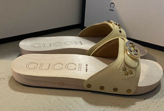 NIB Gucci Herren-Sandalen aus Leder/Holz, Weiß/Creme, 9,5 US/8,5 UK