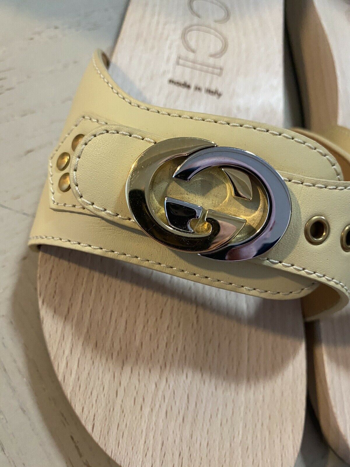 NIB Gucci Herren-Sandalen aus Leder/Holz, Weiß/Creme, 9,5 US/8,5 UK