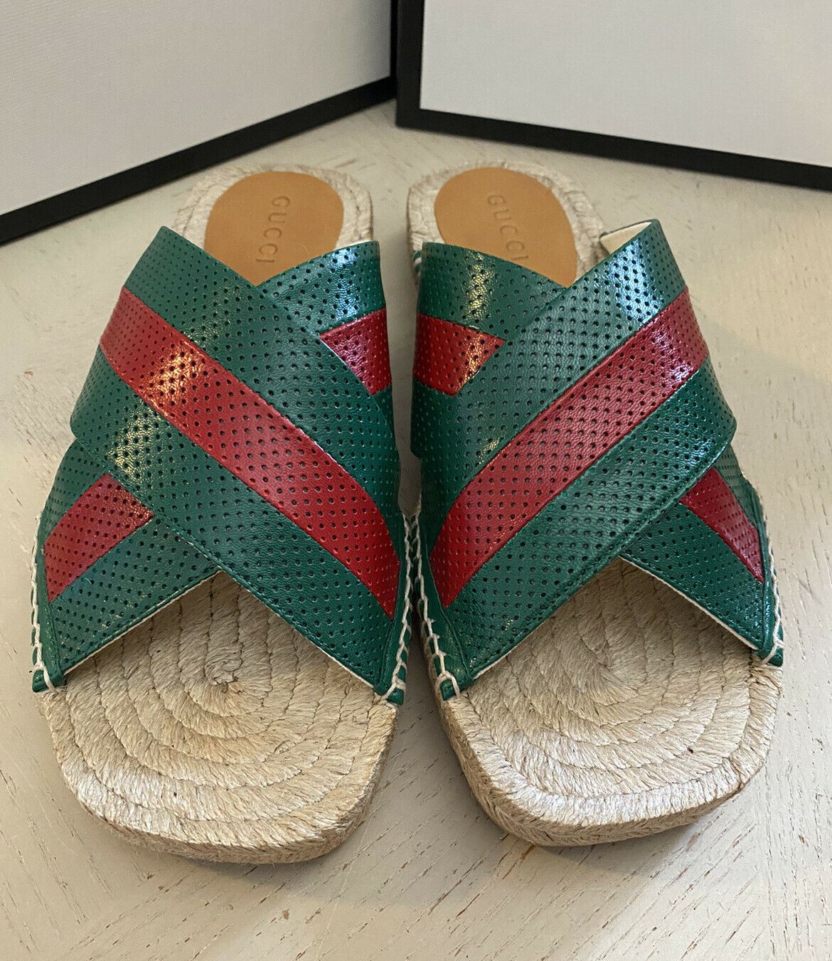 Мужские сандалии-эспадрилья NIB Gucci, зеленый/красный 9 США/8 Великобритания