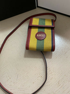 Neue Gucci Canvas/Leder Handytasche Umhängetasche Umhängetasche Rot/Gelb/Grün