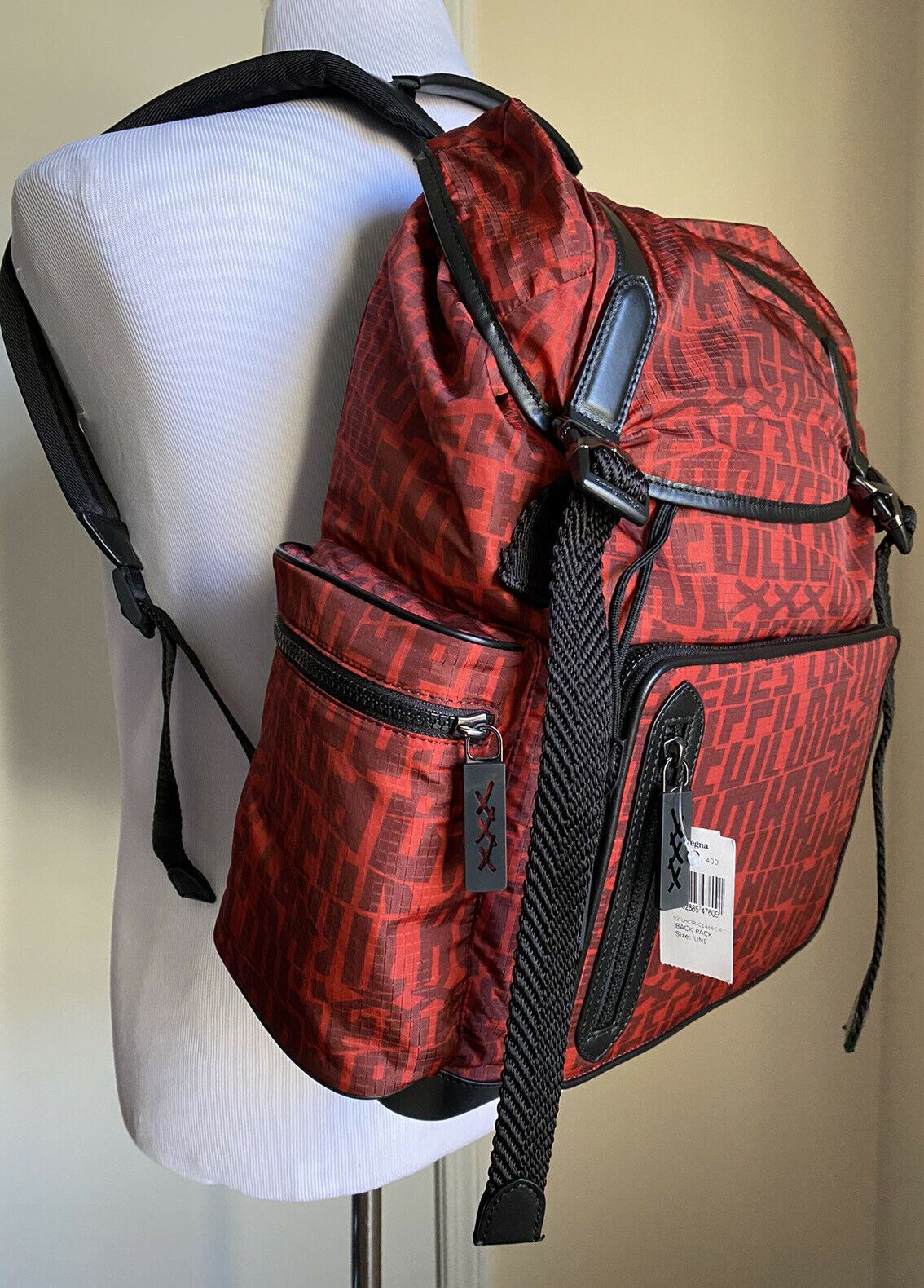 New $1895 Ermenegildo Zegna Couture leather/Nylon Backpack Black/Red Italy