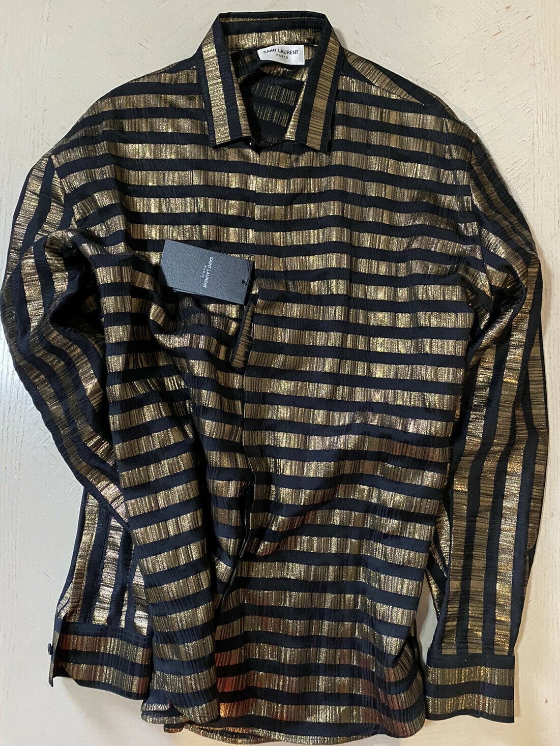 NWT $1490 Saint Laurent Mens Silk Dress Shirt  Black/Gold Size 41/16 Italy