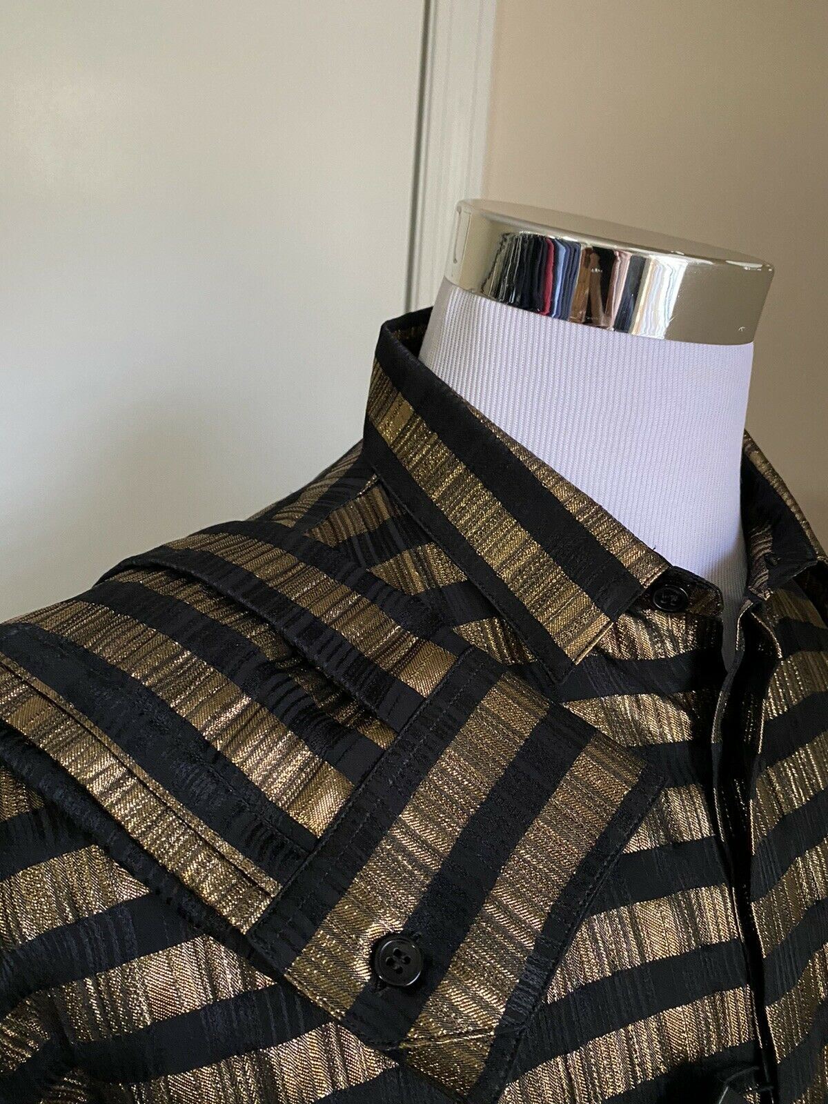 NWT $1490 Saint Laurent Mens Silk Dress Shirt  Black/Gold Size 41/16 Italy