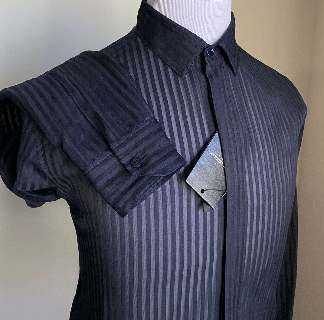 NWT $1090 Saint Laurent Mens Silk/Cotton Dress Shirt Navy  Size 40/15 3/4 Italy