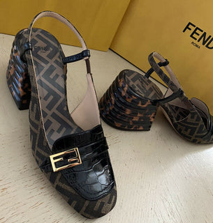 950 $ Fendi Damen Leder/Canvas FF Monogram Sandale Braun 9 US/39 Eu