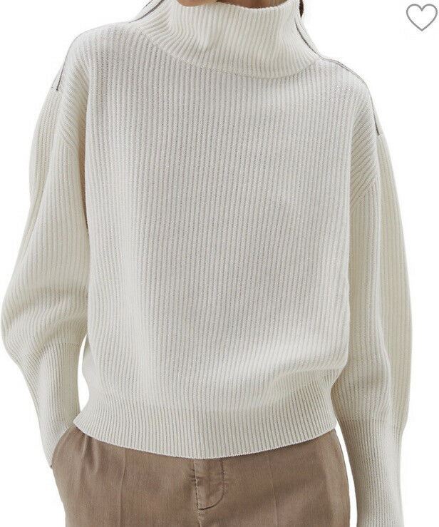 Neu $3445 Brunello Cucinelli Damen Monili Tab gerippter Kaschmirpullover Weiß S