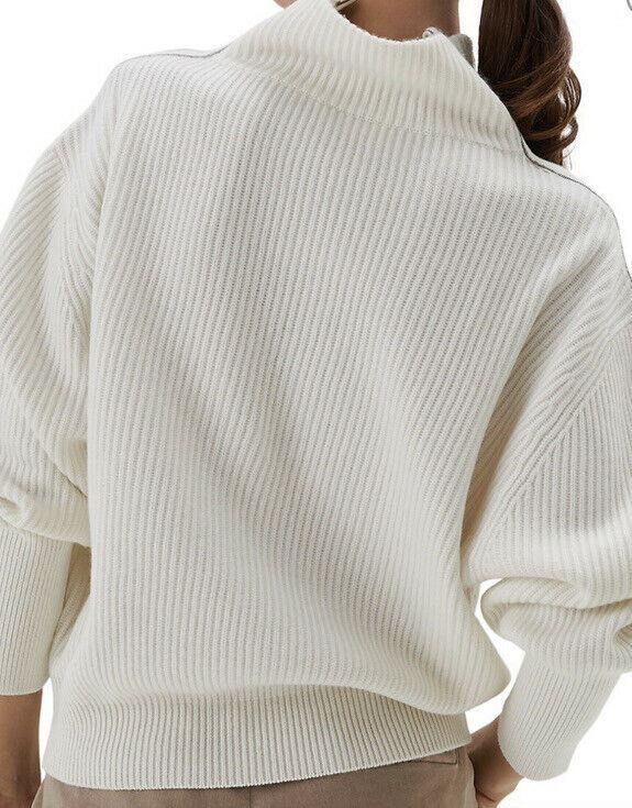 New $3445 Brunello Cucinelli Women Monili Tab Ribbed Cashmere Sweater White S