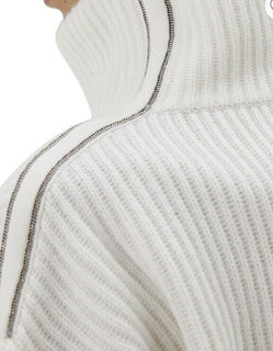 Neu $3445 Brunello Cucinelli Damen Monili Tab gerippter Kaschmirpullover Weiß S