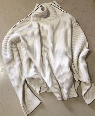 Neu $3445 Brunello Cucinelli Damen Monili Tab gerippter Kaschmirpullover Weiß S