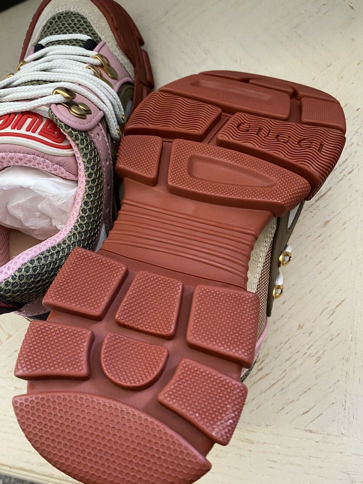 NIB $1300 Gucci Women’s Sneakers Shoes Military Green/Red/Pink 4 US/34 Eu