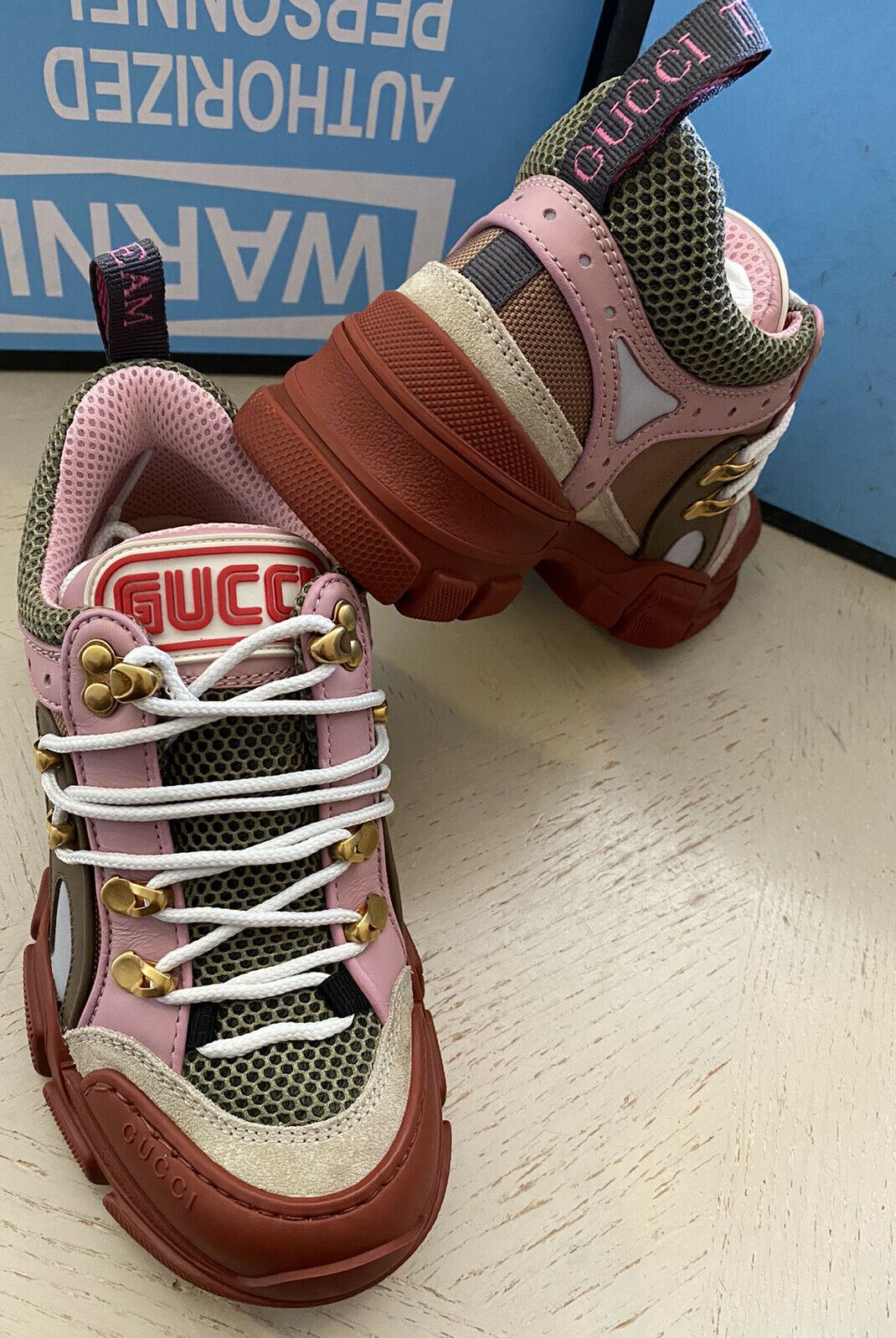 NIB $1300 Женские кроссовки Gucci Обувь в стиле милитари Зеленый/Красный/Розовый 5 США/35 ЕС