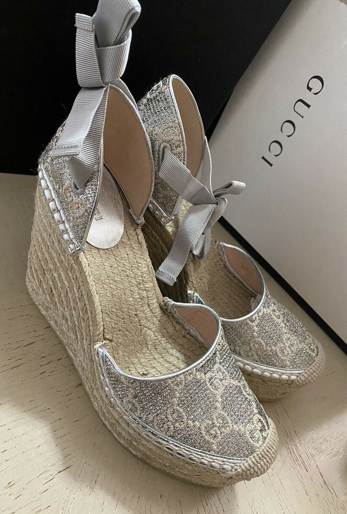 NIB Gucci Damen Plateau-Espadrille-Schuhe Silber 7,5 US (37,5 Eu) Italien