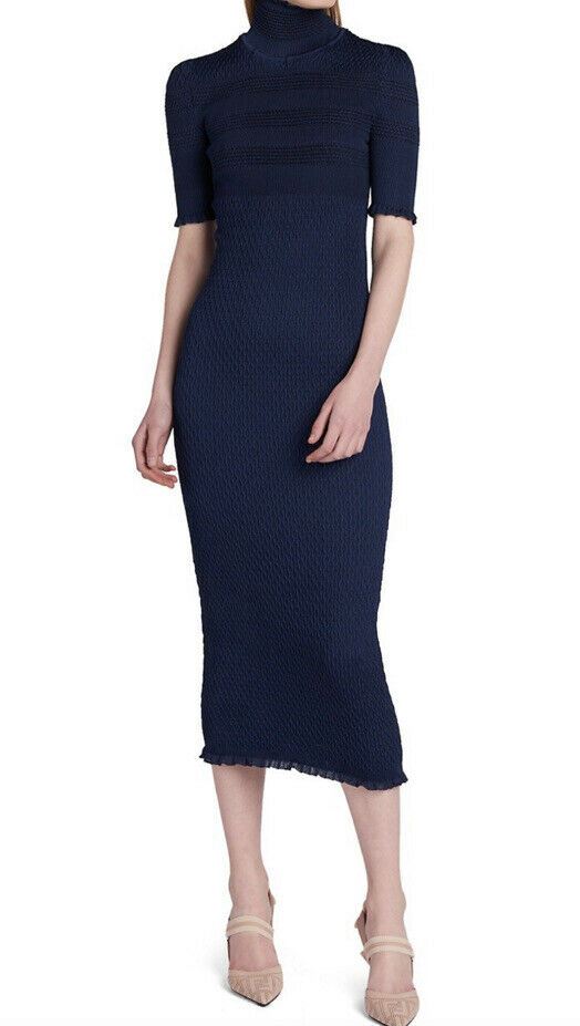 Neues Fendi-Rollkragenkleid aus gesmoktem Seidenkrepp im Wert von 2390 US-Dollar, Marineblau, 12 US/48, Italien