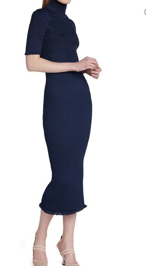 New $2390 Fendi Smocked Silk Crepe Turtleneck Dress Navy 12 US/48 It Italy