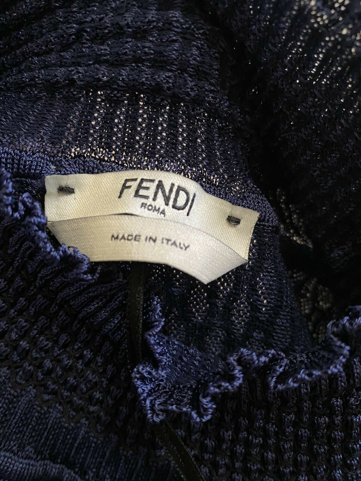 New $2390 Fendi Smocked Silk Crepe Turtleneck Dress Navy 12 US/48 It Italy