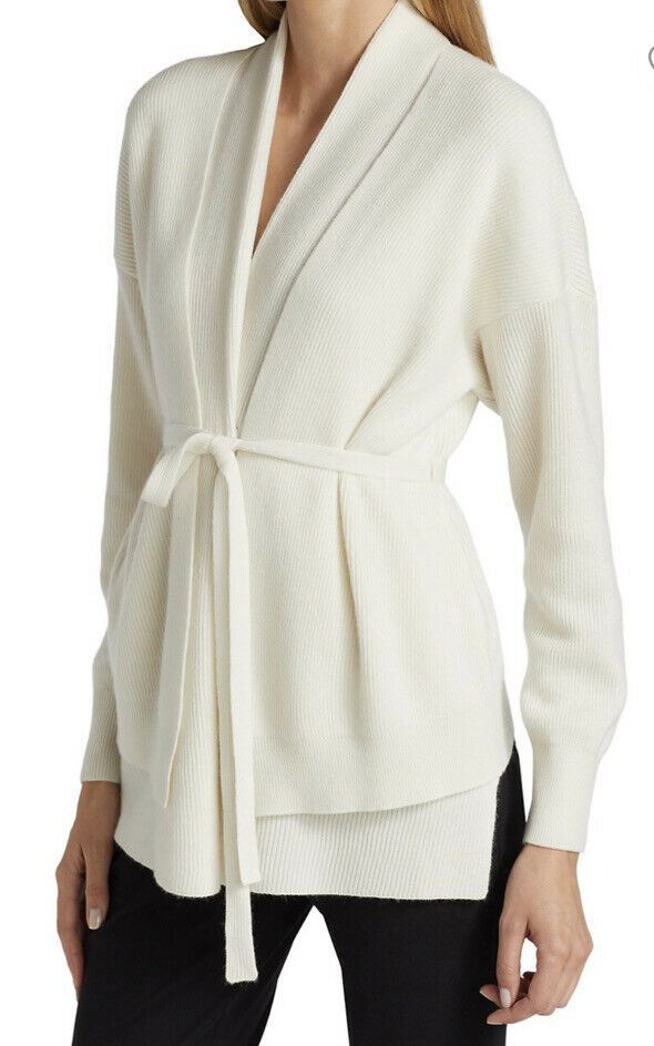 Neu $3995 Brunello Cucinelli Damen-Cardigan aus Kaschmir-Rippenstrick mit Gürtel Weiß M