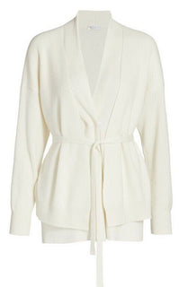Neu $3995 Brunello Cucinelli Damen-Cardigan aus Kaschmir-Rippenstrick mit Gürtel Weiß M