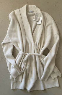 Neu $3995 Brunello Cucinelli Damen-Cardigan aus Kaschmir-Rippenstrick mit Gürtel Weiß M