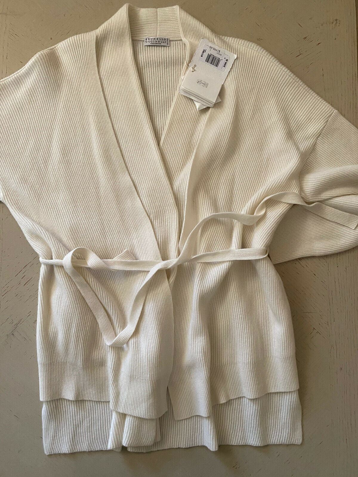 New $3995 Brunello Cucinelli Women Belted Cashmere Rib-Knit Cardigan White M