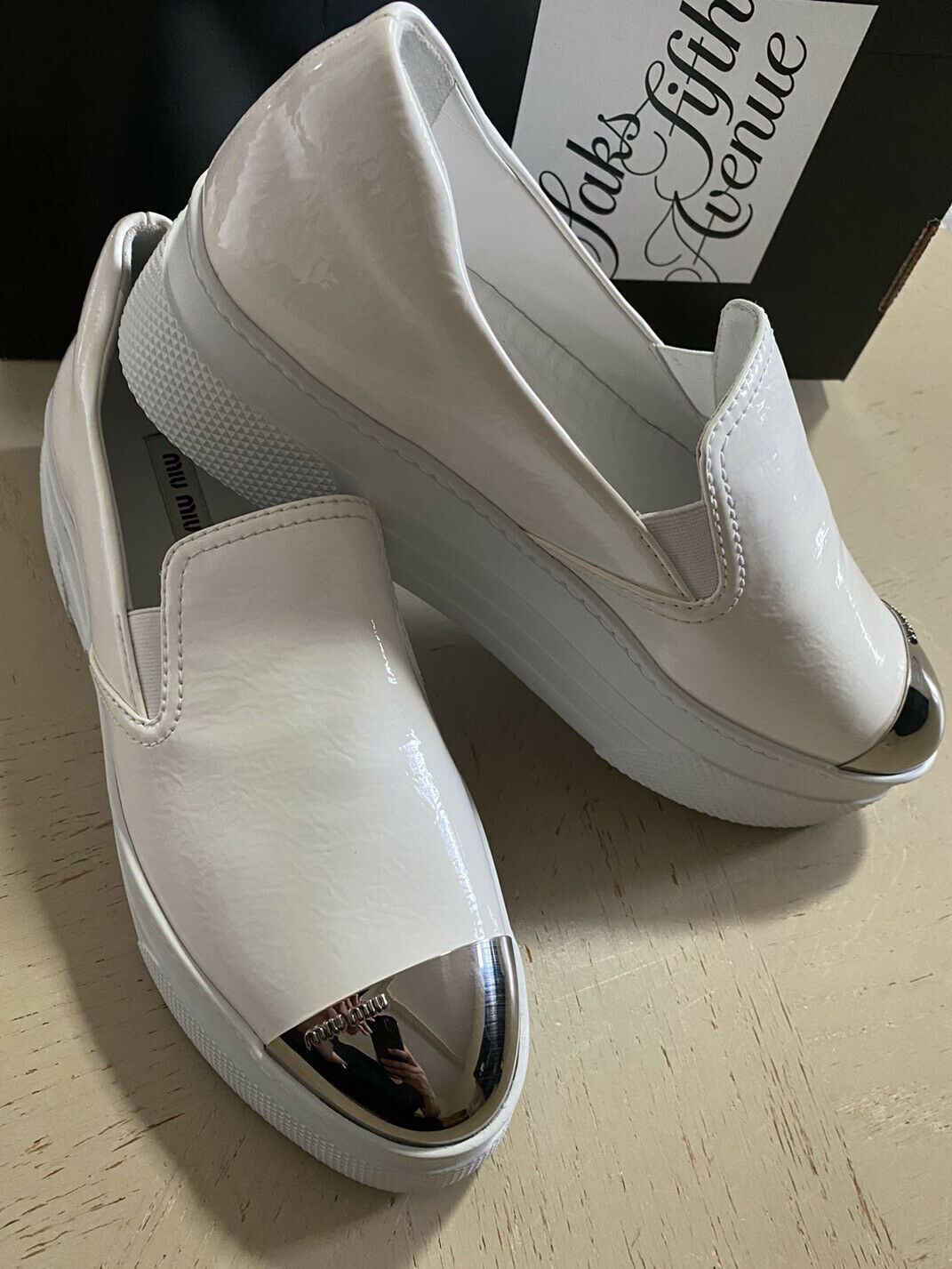 NIB $590 Prada Miu Miu Cop-Toe Metallic Platform Sneakers White 8 US/38 Eu Italy