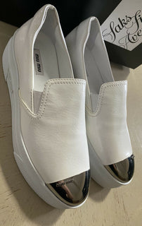 NIB $590 Prada Miu Miu Cop-Toe Metallic Platform Sneakers White 8 US/38 Eu Italy