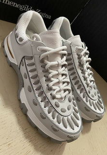 Neu $795 Ermenegildo Zegna Couture Leder-Sneakers Schuhe Weiß/Grau 9 US Italien