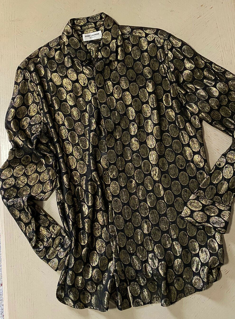 NWT $1490 Saint Laurent Mens Silk Dress Shirt  Black/Gold S ( 37/14.5 ) Italy