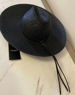 Neu mit Etikett: 895 $ Saint Laurent Herren-Strohhut Schwarz/Silber M