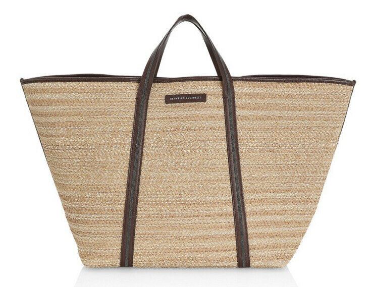 New $1995 Brunello Cucinelli Women Straw/Leather Large Tote Bag Natural Italy